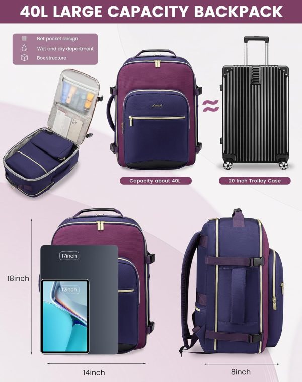 LOVEVOOK Large Travel Backpack for Women & Men, 40L Carry on Backpack for Airplanes, TSA Personal Item Travel Bag fits 17" Laptop, Waterproof Travel Essentials Airline Approved with 3 Packing Cubes - Image 14