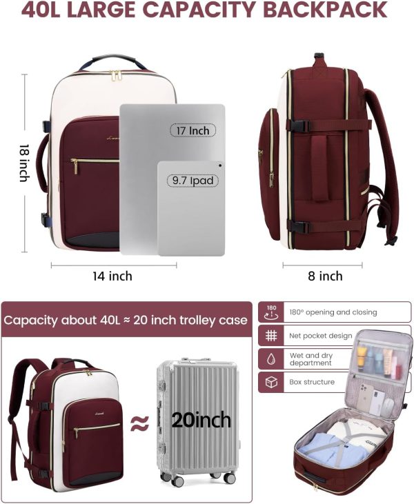 LOVEVOOK Large Travel Backpack for Women & Men, 40L Carry on Backpack for Airplanes, TSA Personal Item Travel Bag fits 17" Laptop, Waterproof Travel Essentials Airline Approved with 3 Packing Cubes - Image 58