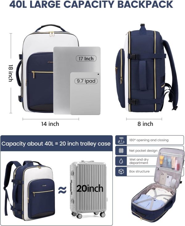 LOVEVOOK Large Travel Backpack for Women & Men, 40L Carry on Backpack for Airplanes, TSA Personal Item Travel Bag fits 17" Laptop, Waterproof Travel Essentials Airline Approved with 3 Packing Cubes - Image 73