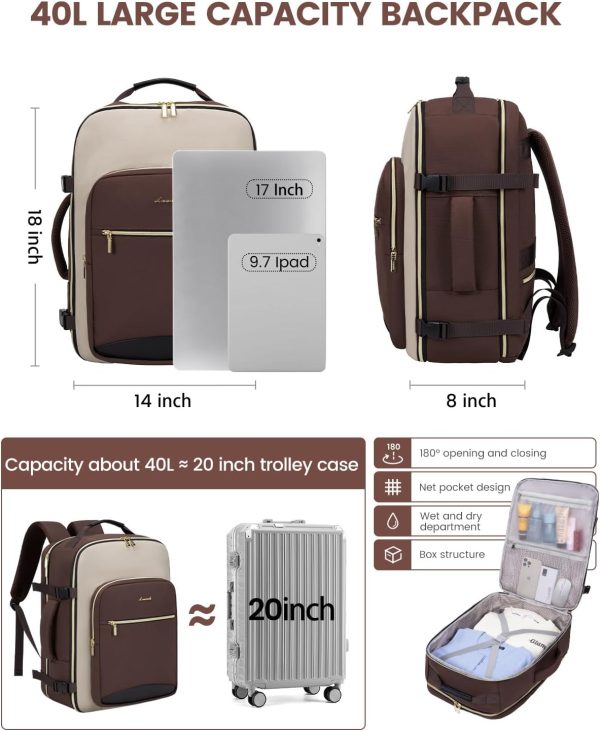 LOVEVOOK Large Travel Backpack for Women & Men, 40L Carry on Backpack for Airplanes, TSA Personal Item Travel Bag fits 17" Laptop, Waterproof Travel Essentials Airline Approved with 3 Packing Cubes - Image 85