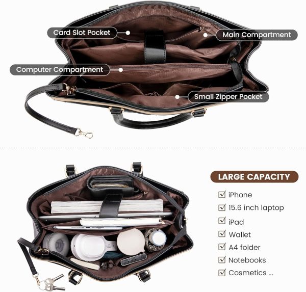 LOVEVOOK Laptop Tote Bag for Women 15.6 Inch Waterproof Leather Computer Bags Business Office Work Briefcase Black - Image 134