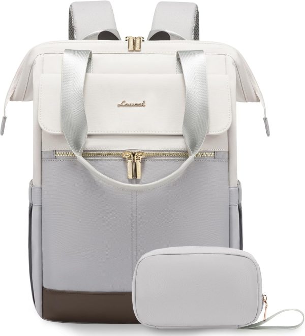 LOVEVOOK Laptop Backpack for Women, 15.6 Inch Work Laptop Bag with USB Port, Fashion Teacher Nurse Backpack Purse, Waterproof Travel Computer Backpack with Organizer Bag, 2PCS, Beige-Khaki - Image 2