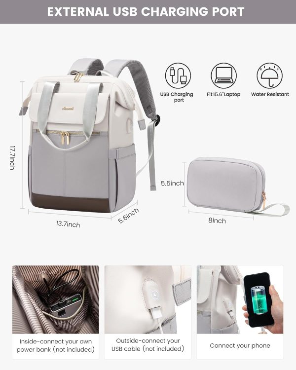 LOVEVOOK Laptop Backpack for Women, 15.6 Inch Work Laptop Bag with USB Port, Fashion Teacher Nurse Backpack Purse, Waterproof Travel Computer Backpack with Organizer Bag, 2PCS, Beige-Khaki - Image 5
