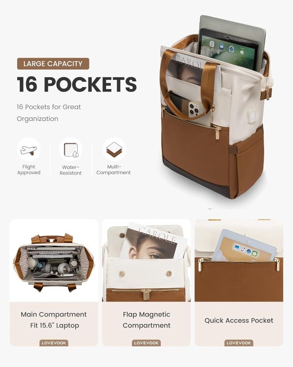 LOVEVOOK Laptop Backpack for Women, 15.6 Inch Work Laptop Bag with USB Port, Fashion Teacher Nurse Backpack Purse, Waterproof Travel Computer Backpack with Organizer Bag, 2PCS, Beige-Khaki - Image 110