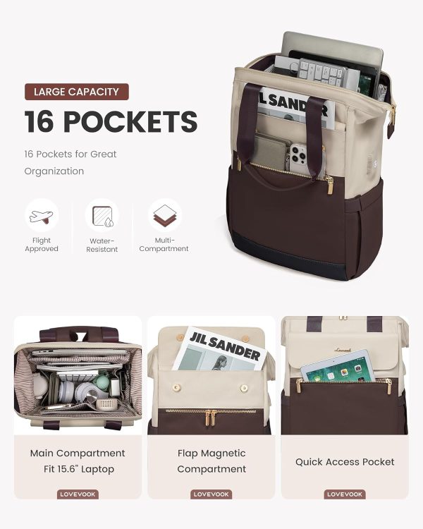 LOVEVOOK Laptop Backpack for Women, 15.6 Inch Work Laptop Bag with USB Port, Fashion Teacher Nurse Backpack Purse, Waterproof Travel Computer Backpack with Organizer Bag, 2PCS, Beige-Khaki - Image 146