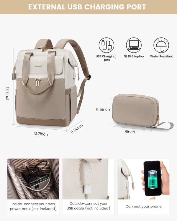LOVEVOOK Laptop Backpack for Women, 15.6 Inch Work Laptop Bag with USB Port, Fashion Teacher Nurse Backpack Purse, Waterproof Travel Computer Backpack with Organizer Bag, 2PCS, Beige-Khaki - Image 156