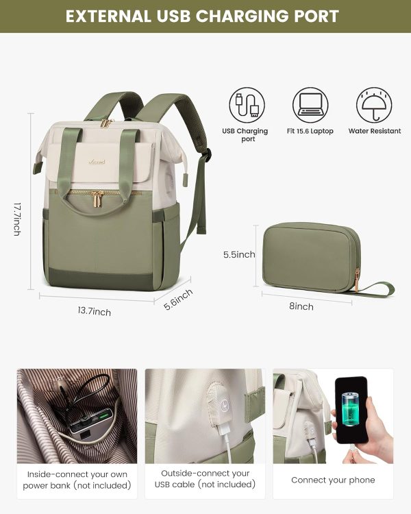 LOVEVOOK Laptop Backpack for Women, 15.6 Inch Work Laptop Bag with USB Port, Fashion Teacher Nurse Backpack Purse, Waterproof Travel Computer Backpack with Organizer Bag, 2PCS, Beige-Khaki - Image 204
