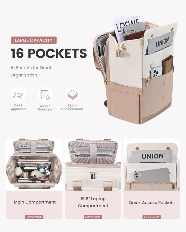 LOVEVOOK Laptop Backpack for Women, 15.6 Inch Work Laptop Bag with USB Port, Fashion Teacher Nurse Backpack Purse, Waterproof Travel Computer Backpack with Organizer Bag, 2PCS, Beige-Khaki - Image 243